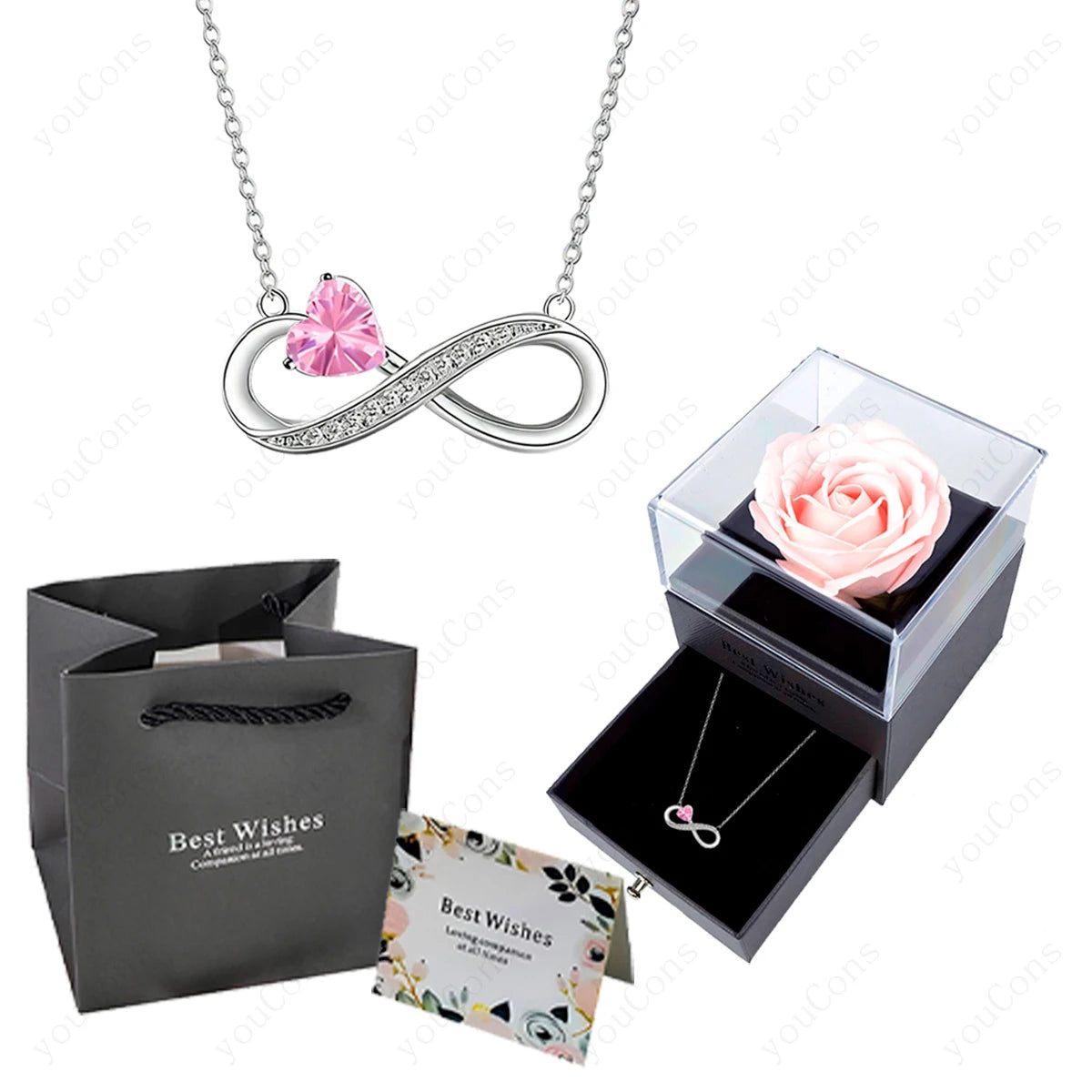 Luxury Pink Heart Pendant Necklaces With Rose Flower