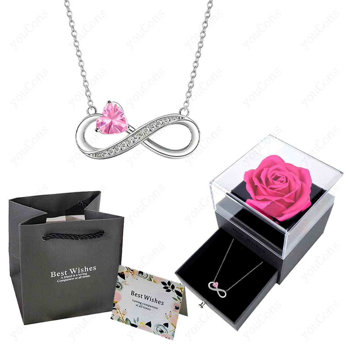Luxury Pink Heart Pendant Necklaces With Rose Flower