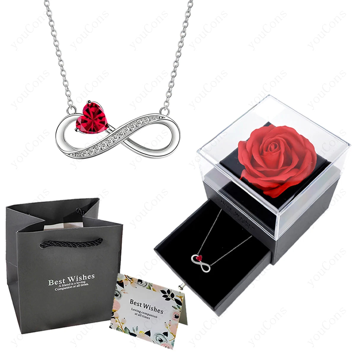 Luxury Pink Heart Pendant Necklaces With Rose Flower