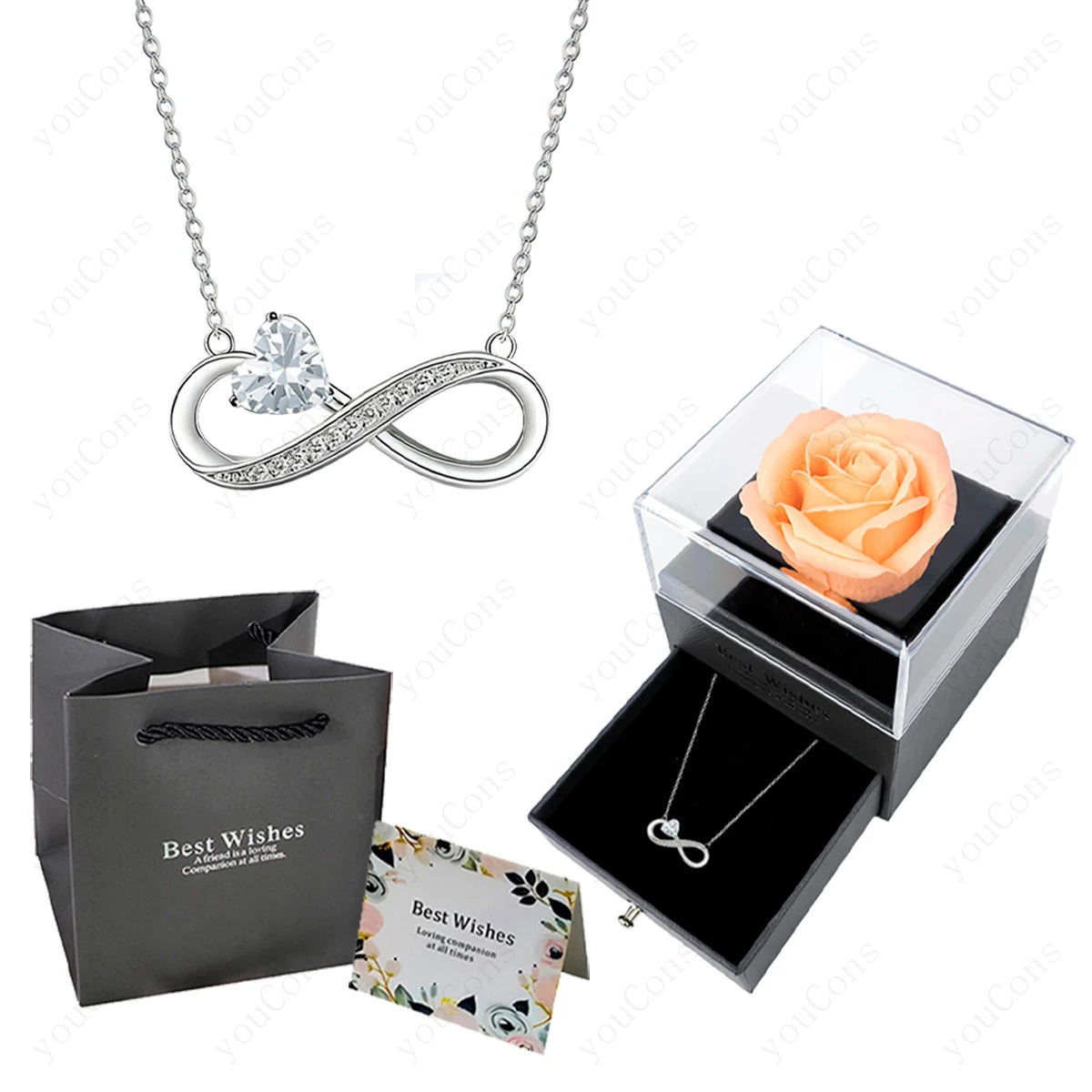 Luxury Pink Heart Pendant Necklaces With Rose Flower