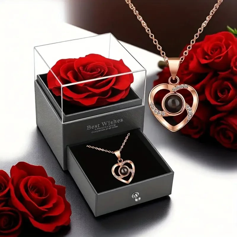 Heart Projection Necklace with Rose Gift Box 