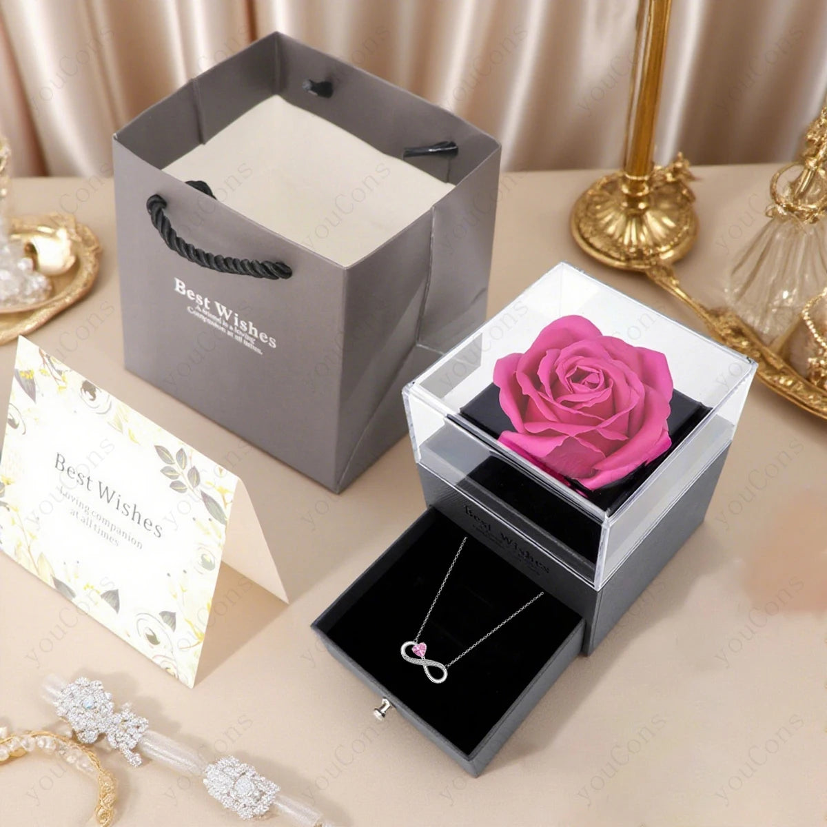 Luxury Pink Heart Pendant Necklaces With Rose Flower
