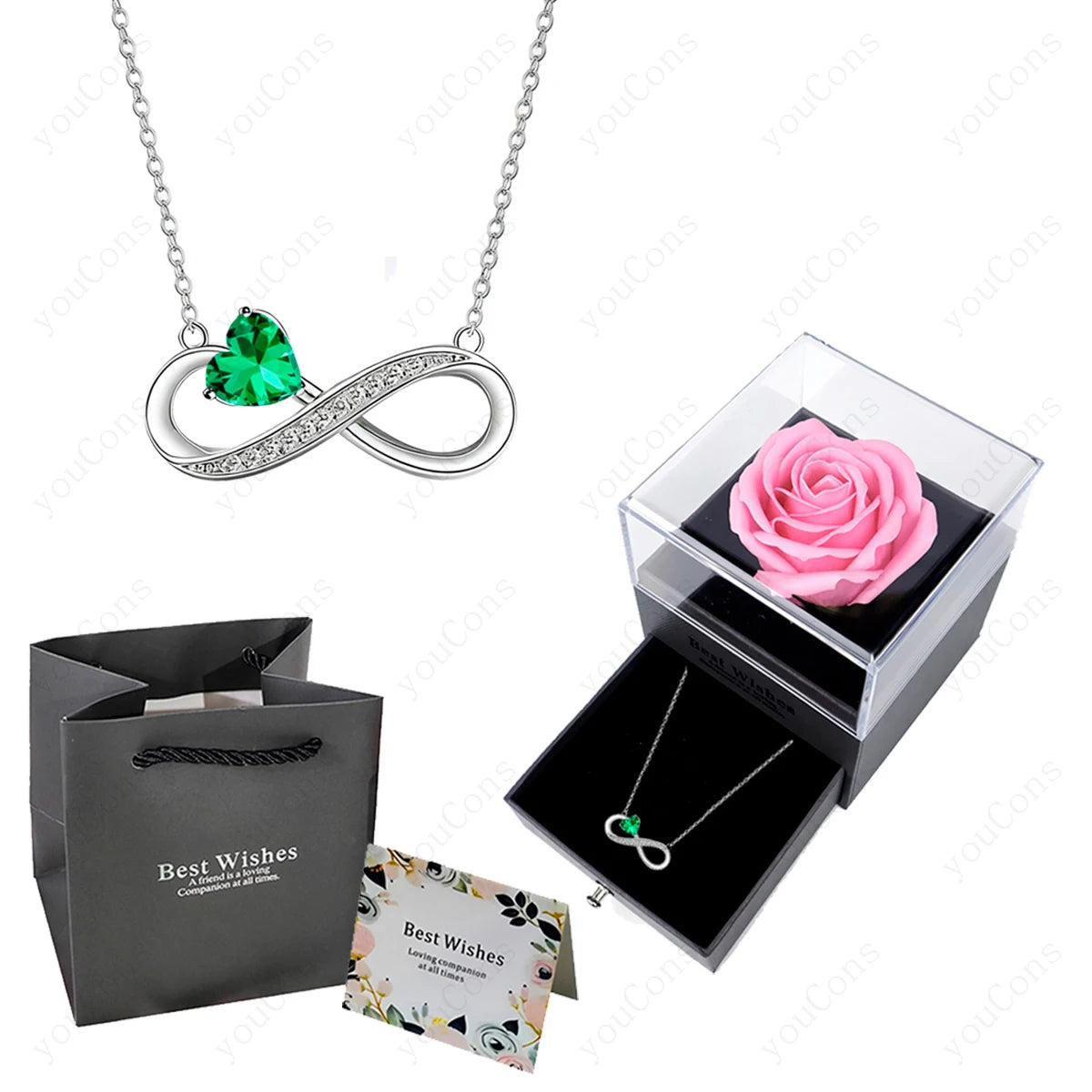 Luxury Pink Heart Pendant Necklaces With Rose Flower